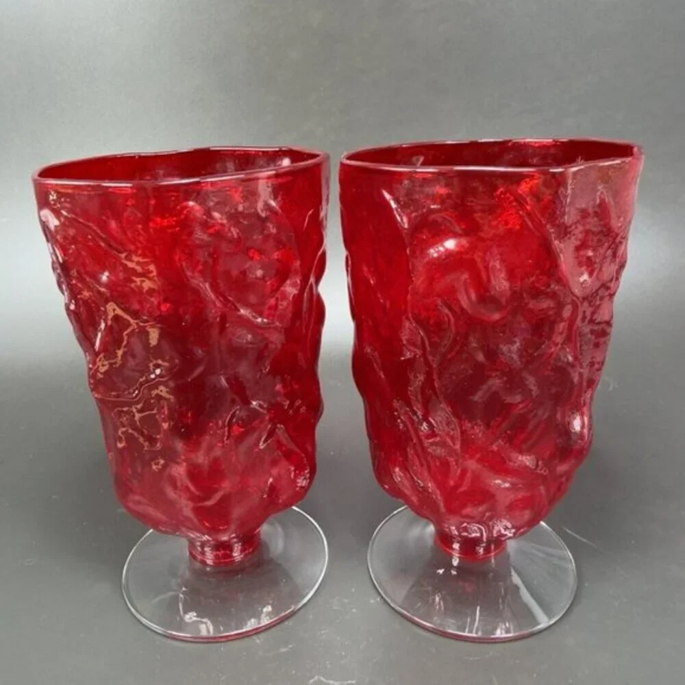 Morgantown Red Seneca Driftwood Water Goblets Footed Cups Glasses Set 2 Cups VTG